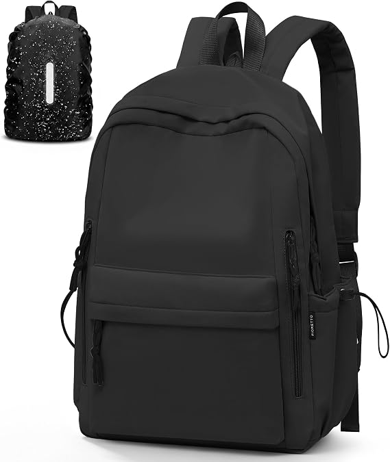 FIORETTO Backpack Womens School Bag Girls Boys, Lightweight Water-Resistant Fits 15.6” Laptop Large Capacity Rucksack with Rain Cover, Ideal for School College Commuting Travel Black