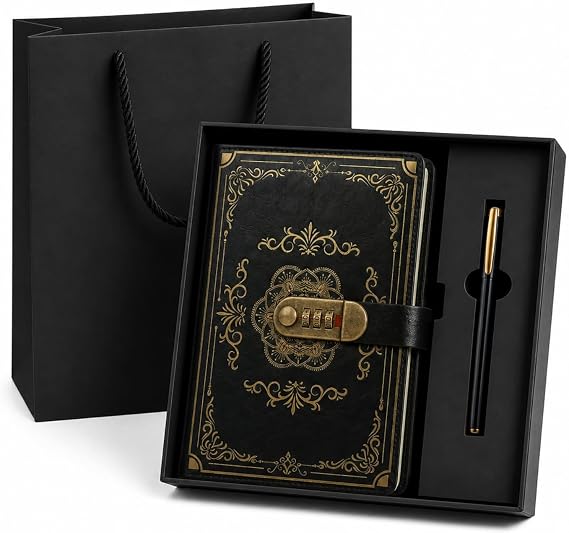 SIMDAO A5 Vintage Leather Journal With Lock, Secret Diary Gift Set – 100Sheets/200 Pages Thick Lined Paper Notebook With Pen, Locked Journal for Men Women, Personal Organiser with Gift Box & Bag