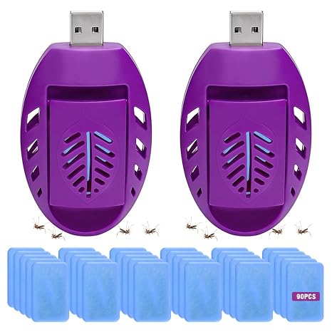 2PCS USB Mosquito Repellent Plug In, Portable USB Mosquito Killer with 90 Repellent Tablets, Indoor Insect Repellent Plug In for Indoor, Outdoor, Hiking, Summer, Home, Travel, Purple