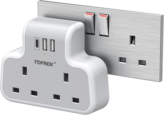 TOPREK Multi Plug Extension Socket with 2USB-A & 1USB-C, 2 Way Plug Adapter