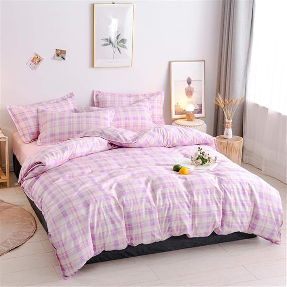 Chickwin Bedding Set 4pcs, Duvet Cover Set with Zipper Quilt Cover, Microfiber Flat Sheet & Pillowcases for Bedroom Adults Boy Girl Single Double King Size Bed (Purple Plaid Stripes,180x220cm)