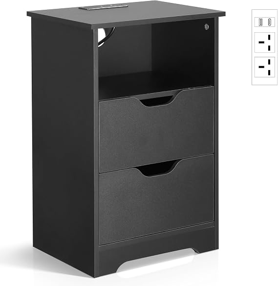 Karl home Bedside Table, Side End Table, Nightstand, Night Stand, Black | with Power Strip, 2 Drawers, Open Storage Shelf, 2 AC Outlets, USB & Type-C Port for Living Room, Bedroom