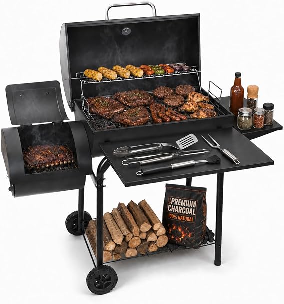 Charcoal BBQ Grill Offset Smoker: Large Coal Barbecue Barrel Drum Grills
