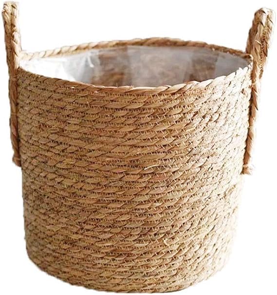 Diameter of 25cm Seagrass Planter Basket, Natural Plant Pots Containers, Hand Woven Plant Pot Cover with Leak-Proof Plastic Lining for Indoor Outdoor Garden Balcony Home Decoration
