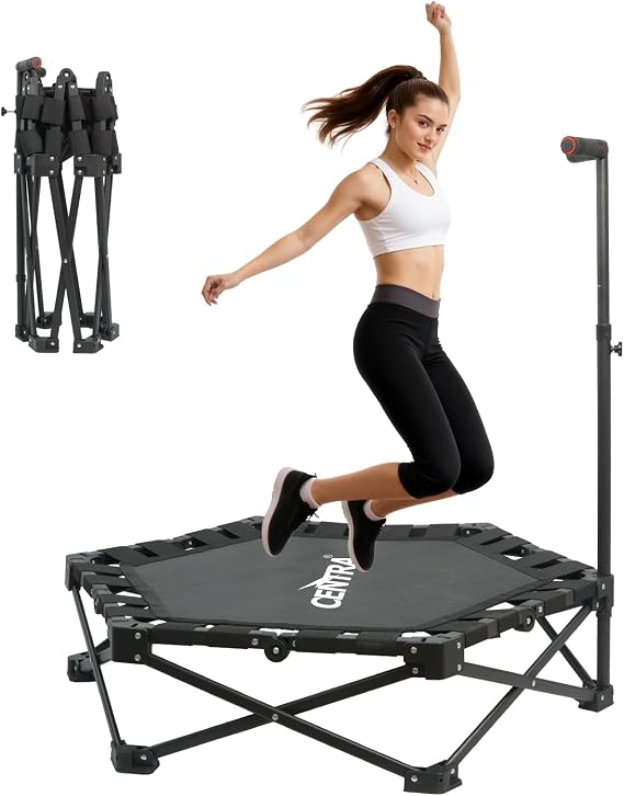 Centra Foldable Mini Trampoline for Adults - 150kg/330lbs Capacity, 4-Fold Ultra Quiet Rebounder with Adjustable Handle, Indoor Fitness Trampoline for Home Cardio Workout in Apartments