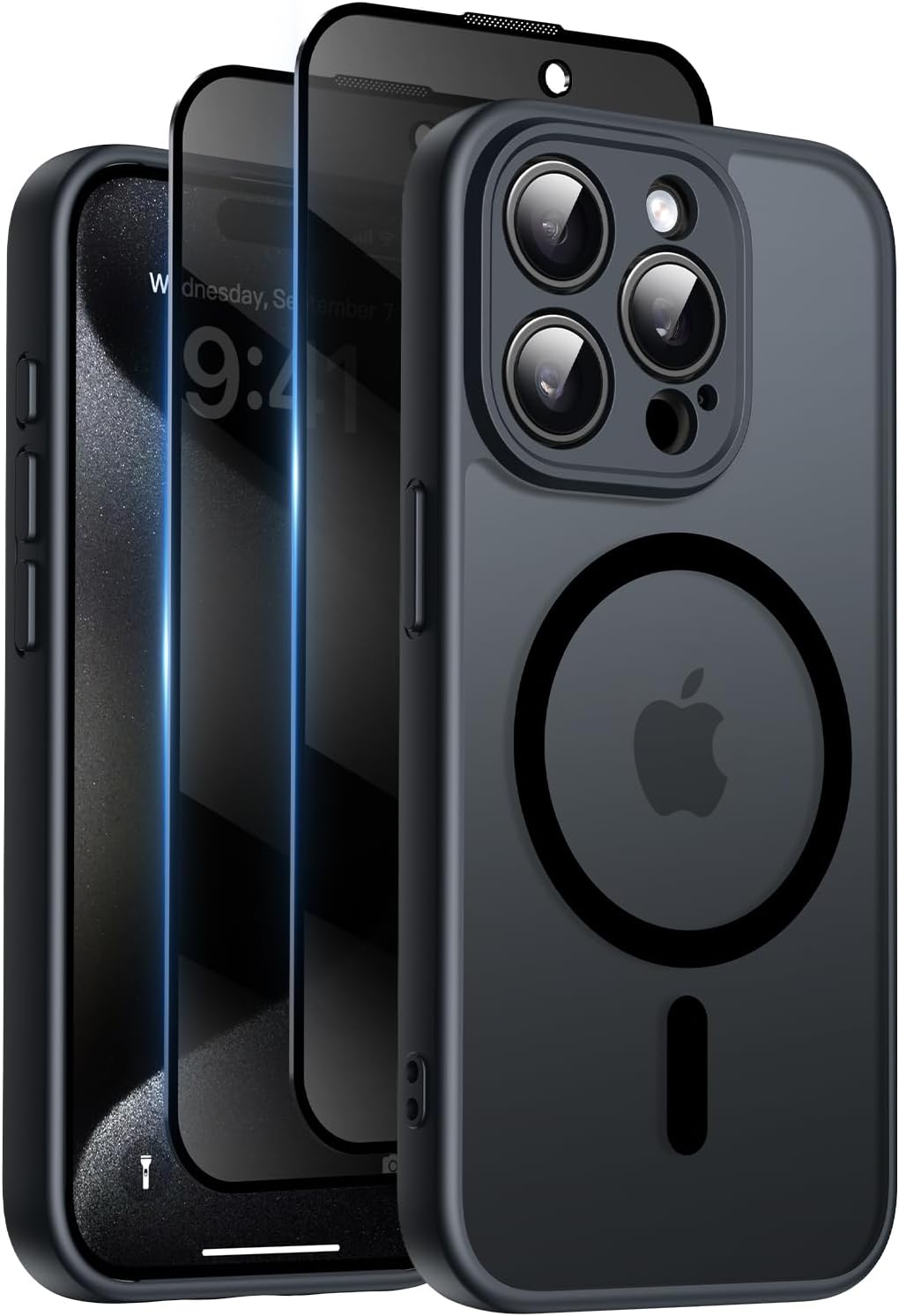 Qasyfanc Magnetic for iPhone 15 Pro Case, with Privacy Screen Protectors X2, [Camera Protection] [15FT Military Drop Protection] Translucent Matte Back Slim Shockproof Phone Cover, 6.1", Black