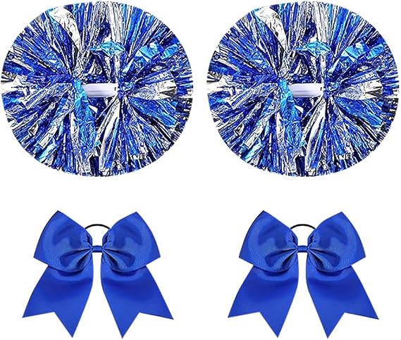 FSSTUD 2 Pcs 14 Inch Cheerleading Pom Poms Large Cheer Pom Poms Dance Team Pom Poms Baton Handle Pom Poms with 2 Pcs Cheerleader Hair Bows for Teen Girls Blue