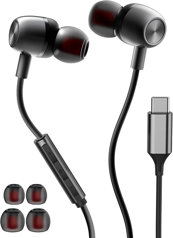 Samsung S24 S23 FE S22 S21 S20 A53 A54 için USB C Kulaklıklar Kablolu Kulaklıklar Metal Kulak Tipi C Kulaklık Mikrofon Ses Kontrollü Bas Stereo iPhone 17 Pro Max iPhone 16 Pro Max Pixel (Siyah)
