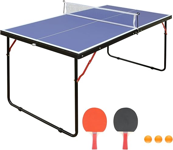 Midsize Folding Ping Pong Table Game Set, Portable Indoor Outdoor Table Tennis Table with 2 Paddles, 3 Balls and Net
