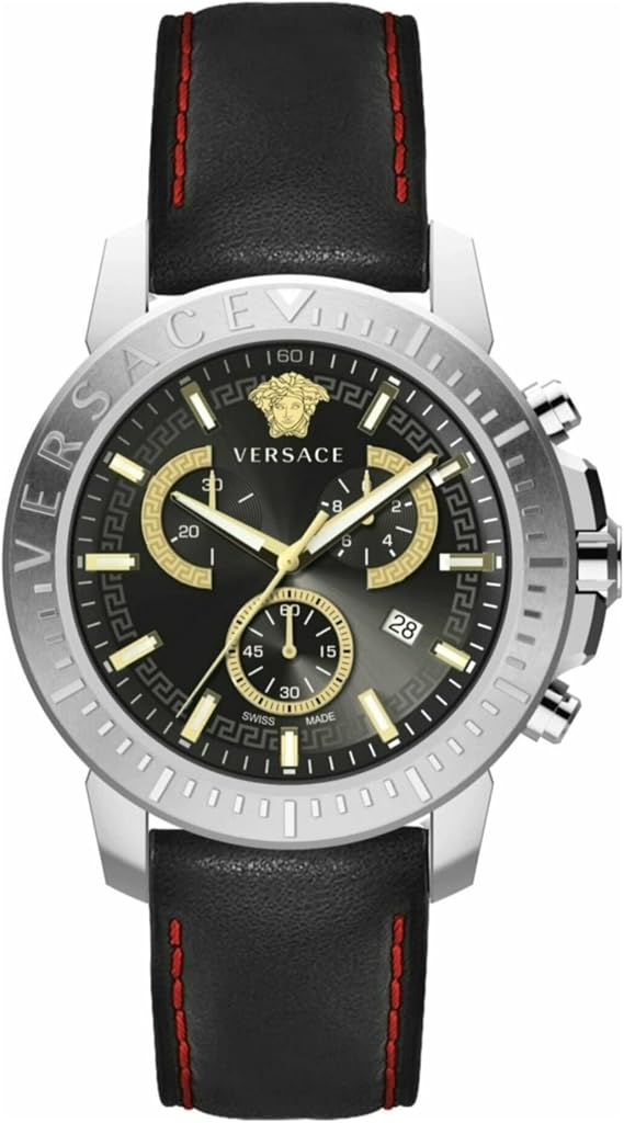 Versace VE2E00121 Men's Analogue Quartz Watch with Leather Strap, Black, Fashion