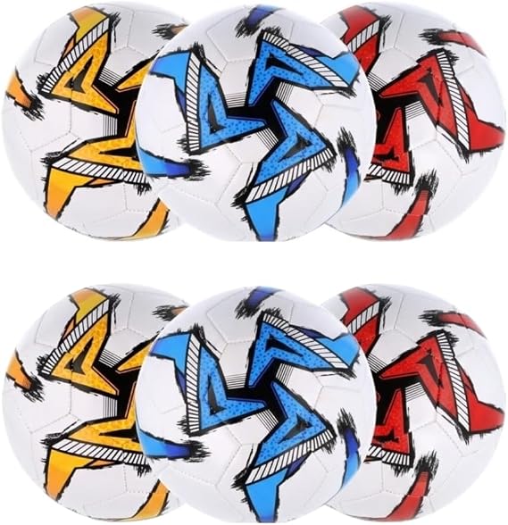6 x Bulk Footballs Size 5 - Assorted Colours White and (Red, Blue, Yellow) - 270g 32-Panel Soccer Balls for Training, Garden Games, Schools & Kids Kickabouts