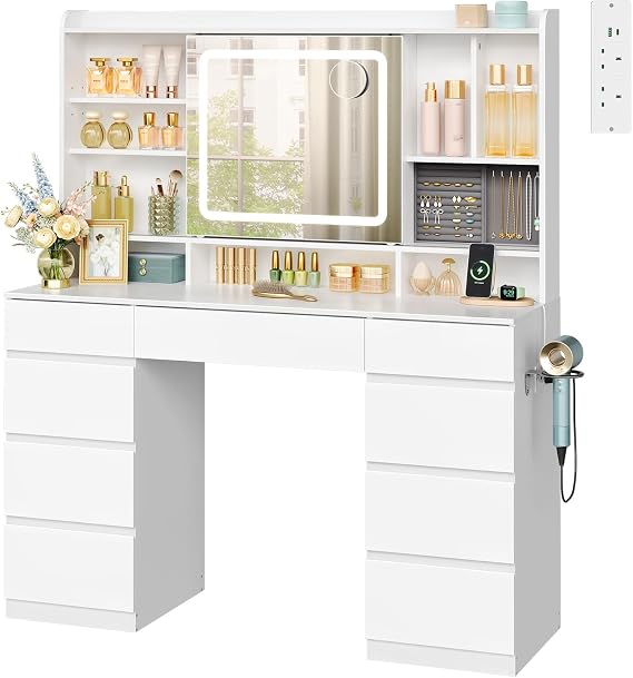 WOLTU Dressing Table with Sliding Mirror, LED Lights and Power Strip