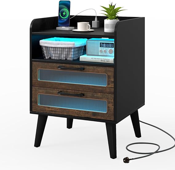 COSTWAY LED Bedside Table with Charging Station, Smart Nightstand End Sofa Side Table with RGB Light Colors, 2 Drawers & Storage Shelf, Bedside Cabinet Chest for Living Room Bedroom (1, Black+Brown)