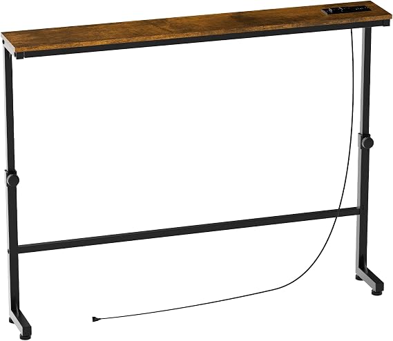 Aduanbang Narrow Console Table with Power Outlets, 5.9D x 39.4W x 24-35H inches, Behind Couch Sofa Side Table, 2-Pack, Rustic Brown