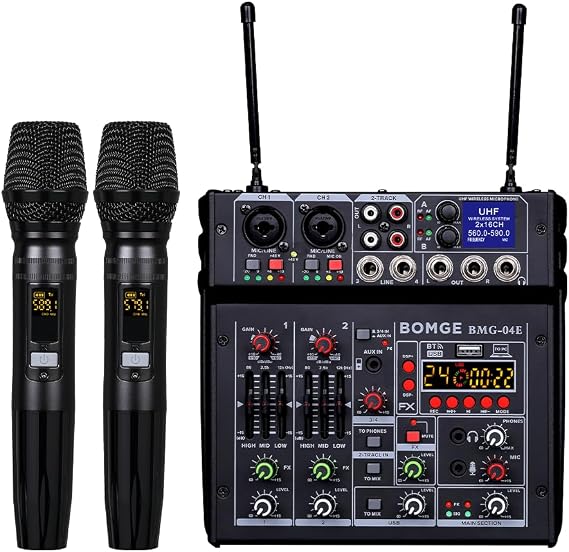 BOMGE 04E Karaoke-Audio-Mixer 4-Kanal-Mixer mit kabellosem Dual-UHF-Mikrofon Soundboard-Konsole MP3 Bluetooth 48 V Phantomspeisung USB-Audio-Schnittstelle DJ-Mixing für Party Computer