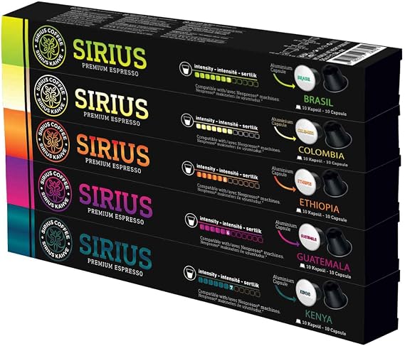 Sirius Premium Kapsül Kahve Ethiopia,Colombia,Guatemala,Kenya,Brasil (Nespresso Uyumlu) 5li Set (50 Kapsül)