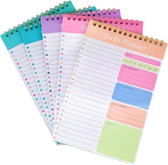A5 Daily Planner Notebook 5-Pack Undated, To Do List Organiser with 30 Pages Each, Productivity Journal for Time Management and Goal Achievement, 5 Colour Options for Work School Home Planning