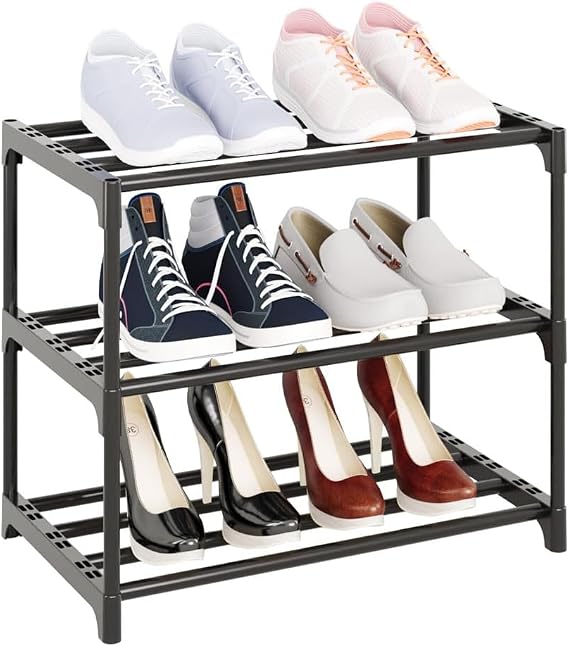 Stackable Small Shoe Rack, Footware Storage, Slim Shoe Rack Storage Organizer, Black Shoe Stand for Hallway, Bedroom,Quick Assembly,Space Saving (3 tier)