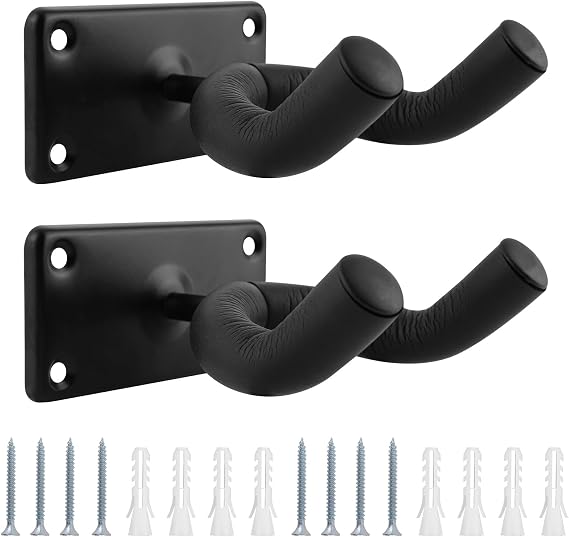 Yuechenggui 2 Pack Guitar Holder - Wall Mount Guitar Hanger, Display Bracket Hooks for Electric, Classical, Acoustic, Bass, Ukulele, Mandolin, Banjo - Black (Rectangle)