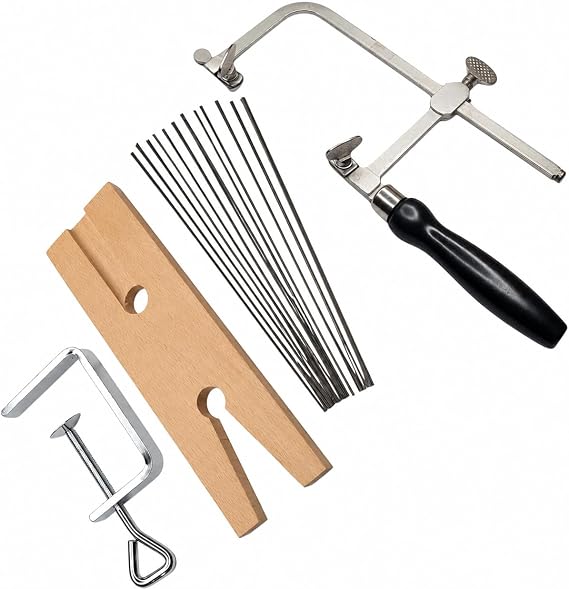 Adjustable Jewelers Saw Frame with 144 Blades, V-Slot Bench Pin and Clamp