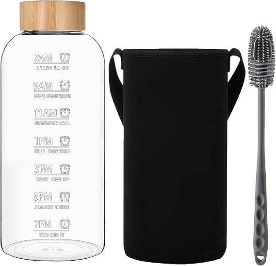 Glass Water Bottle 1.5 Litre, 1500ml Large Wide Mouth, Bamboo Lid