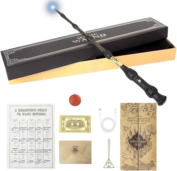 Magic Wand, 38 cm Dumbledore Light Up Wand, Magic Wands in Gift Box with Spell Card, Station Ticket & Necklace Bracelet,Dumbledore Magice Wands in Gift Box Suitable for Halloween Costume Parties