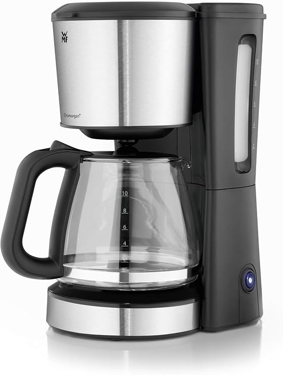 WMF Bueno filter coffee machine, glass, 10 cups, aroma glass jug coffee machine, drip stopper, keep warm plate, chromargan/silver, 1000 W
