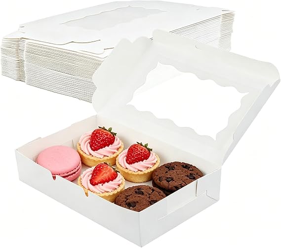 100 Pack White Bakery Boxes with Clear Window, 7"×4.3"×1.5" Cookie Display Boxes for Pastry Biscuit Pie Candy Macarons Donuts Strawberry Chocolate