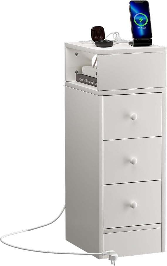 Slim Bedside Table with Charging Station 2AC + 2USB,30x25x70cm,RGB LED Light Bedside Cabinet with 3 Drawers Open Compartment, Narrow Sofa Side Table for Bedroom Living Room
