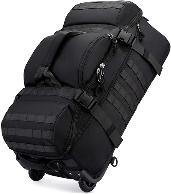 70L Rolling Backpack Wheeled Backpack Wheeled Holdall Bag Camping Rucksack Waterproof Travel Duffel Bag with wheels Hidden Straps No telescoping handle (Wheeled, Black)