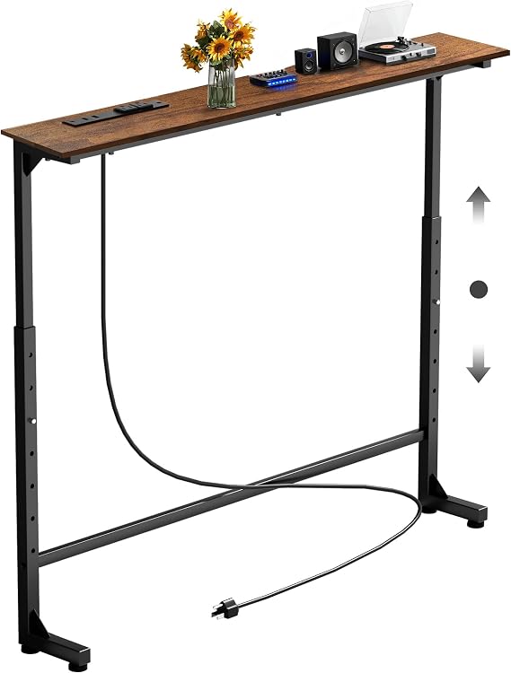 Keelian 35 inch Narrow Console Table with Outlet,Adjustable Height(25"-37") Behind Sofa Table,Couch Behind Table Skinny,Couch Shelf with Charging Station,Long Entryway Tables for Living Room,Brown