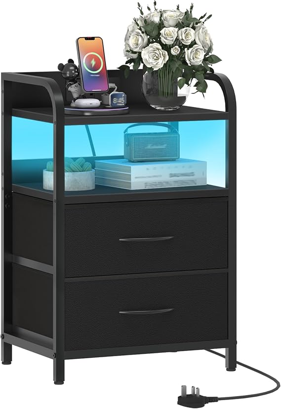 HOOBRO Bedside Table, Nightstand with Charging Station and LED Lights, Side Table with 2 Drawers and 2 Open Shelves, Metal Frame, for Living Room, Bedroom, Study, Black EBB021KDBZ01