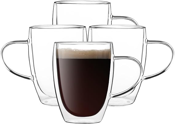 12oz Double Wall Insulated Glass Coffee Mugs (4-Pack) - Clear Espresso Cups with Handle for Cappuccino, Latte, Tea & Ice Cream