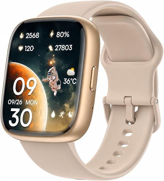 Smart Watch with Alexa Built-in, 1.83" HD Display, Bluetooth Calling, Heart Rate Sleep Stress Monitor, 100+ Sport Modes, IP68 Waterproof Fitness Tracker for Android iOS (Sand Gold)