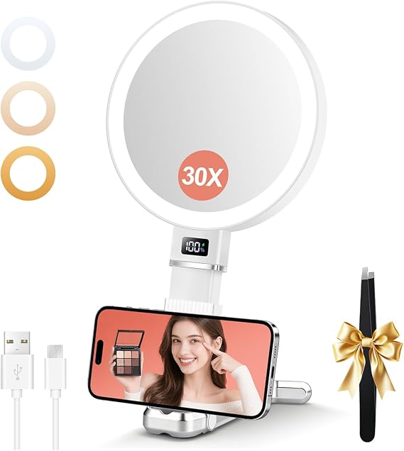 30X Travel Magnifying Mirror With Light, Double-Sided 1X/30X Travel Makeup Mirror with Light, 2000mAh 3 Color Modes with Adjustable Brightness, Vanity Mirror with Digital Display, Portable &Foldable