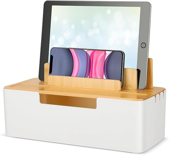 Cable Tidy Box,Cable Management Box with Dual-purpose Lid for Phones/Tablets/Smartwatches/Book, Desktop Cord Organizer for Tidy Workspace (White)
