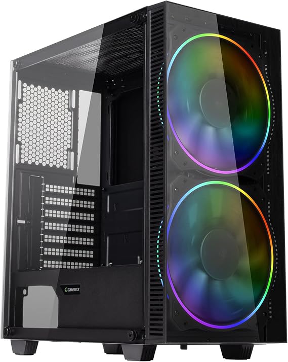 GAMEMAX Gaming Case, Mid Tower, Tempered Glass Side Panel, 0.08 x 7.9 inches 2 x 200 mm, ARGB Fan Included, Black Hole