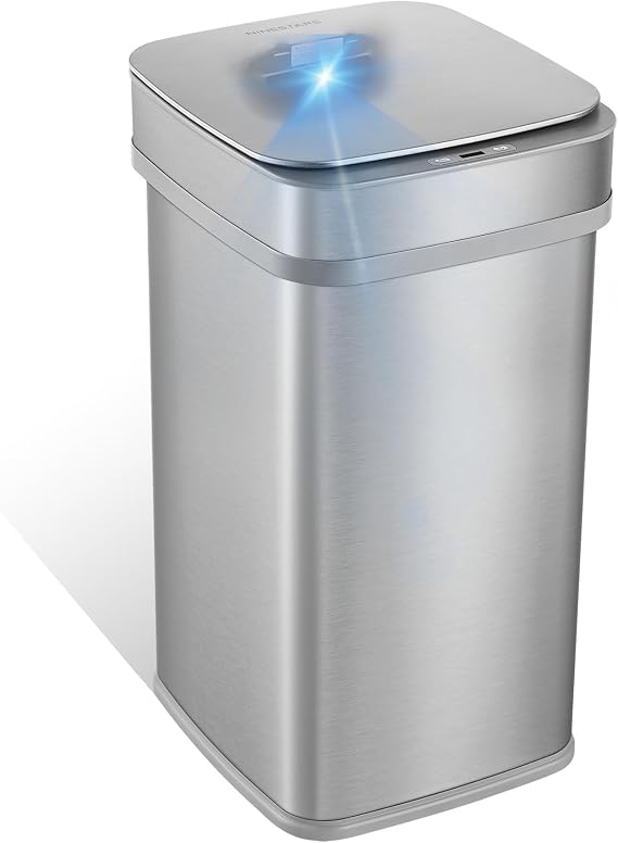 NINESTARS ONT-50-82SL 13 Gallon Smell Neutralizer Smart Trash Can UV+Ozone Dual Purification Odor Control Motion Sensor Trash Can Universal Power Adapter ONT-50-82SL Stainless Steel Silver Nova Series