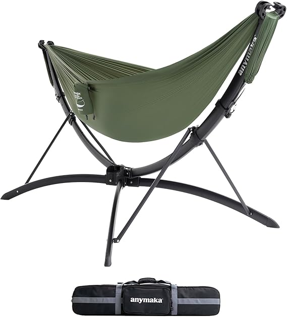 anymaka Set Up in 3 Seconds Adjustable Portable Aluminum Alloy Hammock Stand for Outside with Chair Mode & Lounge Mode up to 105'' (Hammock Set Forest Green-1)