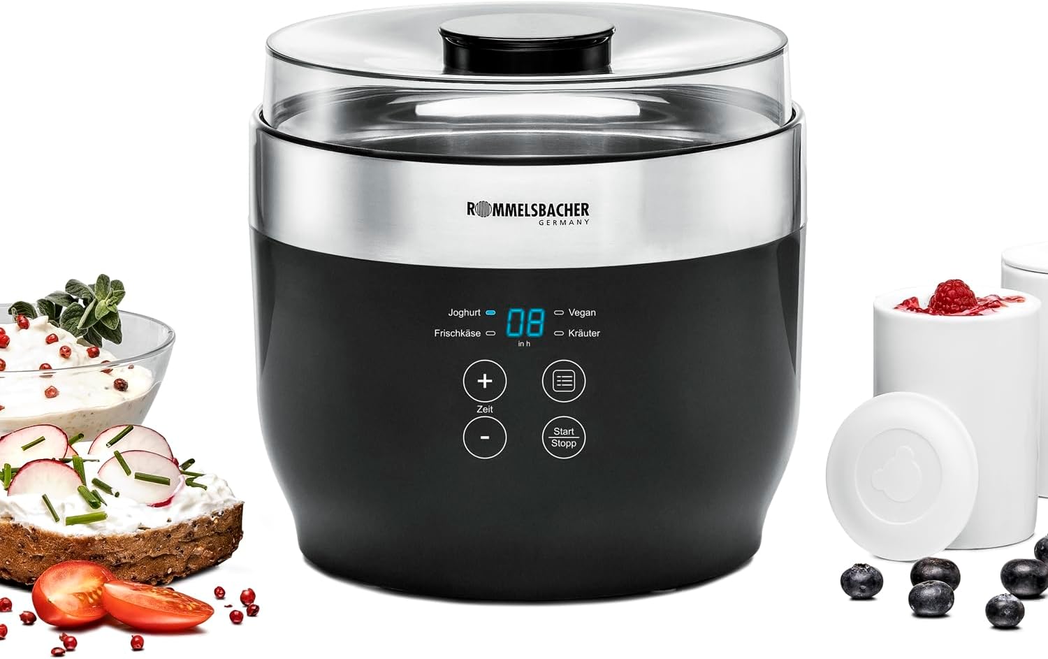 ROMMELSBACHER JG 80 Jona Yoghurt and Fresh Cheese Maker Including 4 Ceramic Portion Cups 125 ml Each 2 XXL Glass Containers 1.2 Litres 4 Preset Programmes with Different Temperatures