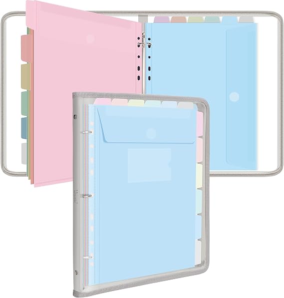 Uquelic A4 Folder Ring Binder, Document Organizer with 12 Pcs Punched Pockets, Transparent Vinyl Bag with Zipper, Cute Folders Wallets, Waterproof Soft PVC Folder for School Home Work Office (Grey)