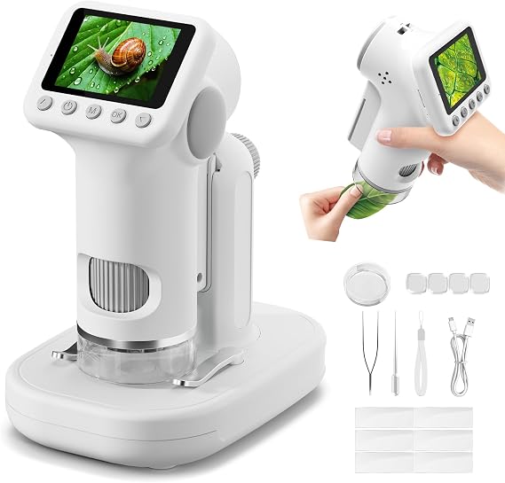 1600X Microscope for Children, 2.0" Screen Mini Digital Microscopes with Kit of Slides and 6 LED Lights, Educational Science Toys, Children Students from 3 to 12 Years Old