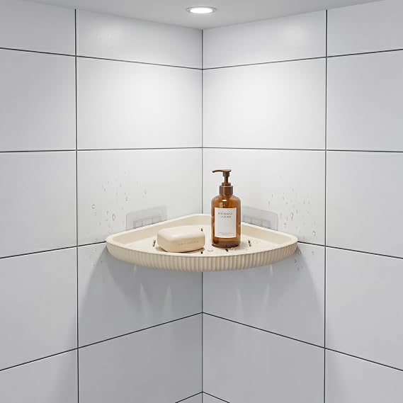Yapıştırmalı Banyo Köşeliği, Banyo Rafı, Bej, Drenaj Delikli, Delme Gerektirmez
