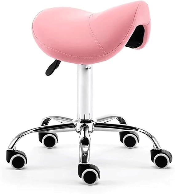 Ergonomic Saddle Stool w/Wheels PU Leather Swivel Salon Seat Rolling Saddle Chair 48-60cm Adjustable for Tattoo/Beauty/Lash/Massage/Dental(Pink)