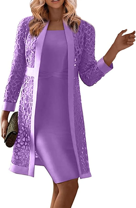 FUPODD Evening Dresses for Wedding Knee-Length with Jacket 2-Piece Mother of the Bride Dresses Women Elegant for Wedding Guest Long Two Piece Festive Women's Outfit Including Dress Sleeveless and Coat Long Sleeve Cut Out