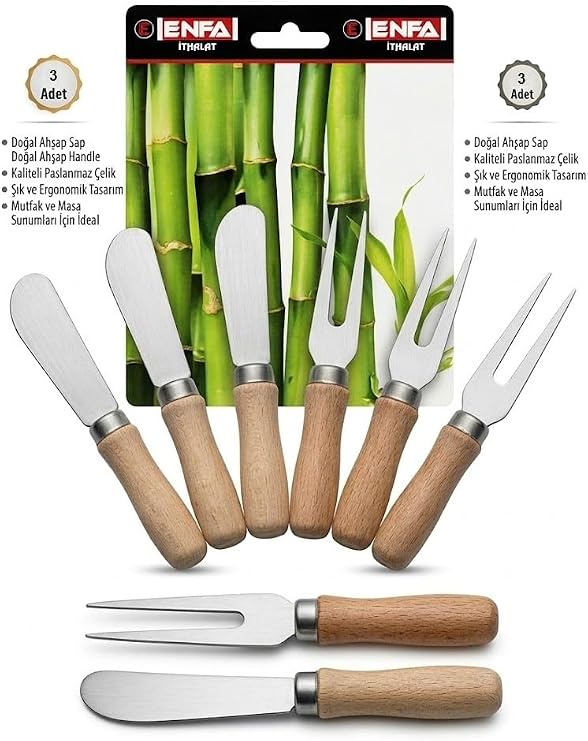 Smartizi 6 Parça Doğal Bambu Kahvaltı ve Sunum Seti - 3 Mini Kokteyl Çatalı ve 3 Tereyağı Reçel Sürme Spatulası