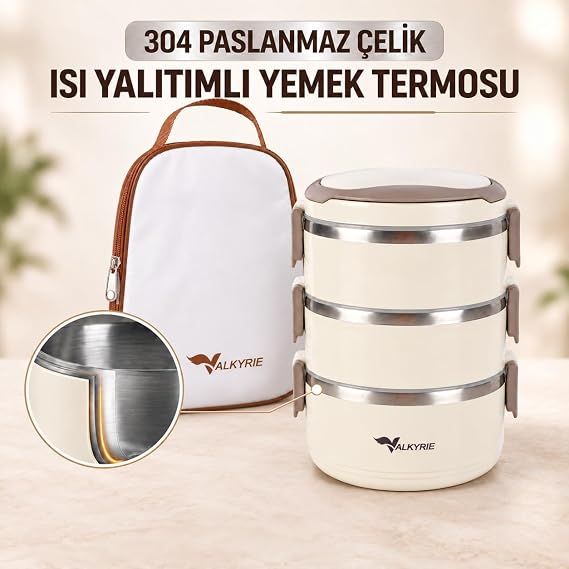 Valkyrie 3 Katlı 304 Paslanmaz Çelik Yemek Termosu Isı Yalıtımlı Sızdırmaz Sefer Tası Termal Çantalı