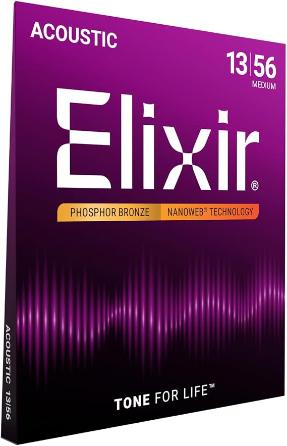 Elixir 16102 Strings Phosphor Bronze Acoustic Guitar Strings w NANOWEB Coating, Medium (.013-.056)