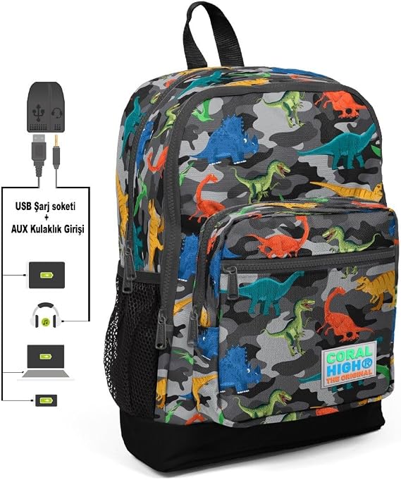 Coral High Sırt Çantası USB ve Aux Soketli Polyester
