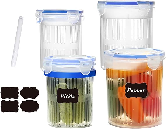 Pickle Jar with Strainer, Pickle Container with Strainer Jalapeno Container Pickle Storage Containers 4 Pcs (24 oz & 45 oz), Transparent